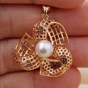 18K Yellow Gold Filled Multilayer 3D Flower Swirl Pearl Zircon Necklace Pendant